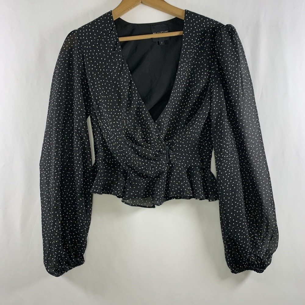 Womens Polka Dot Sheer Balloon Sleeve Crop Peplum Top Sz 2 Parisian Romantic